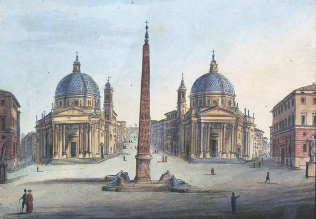 Antonio Acquaroni,Vue de rome, Piazza del Popolo (environ 1828)