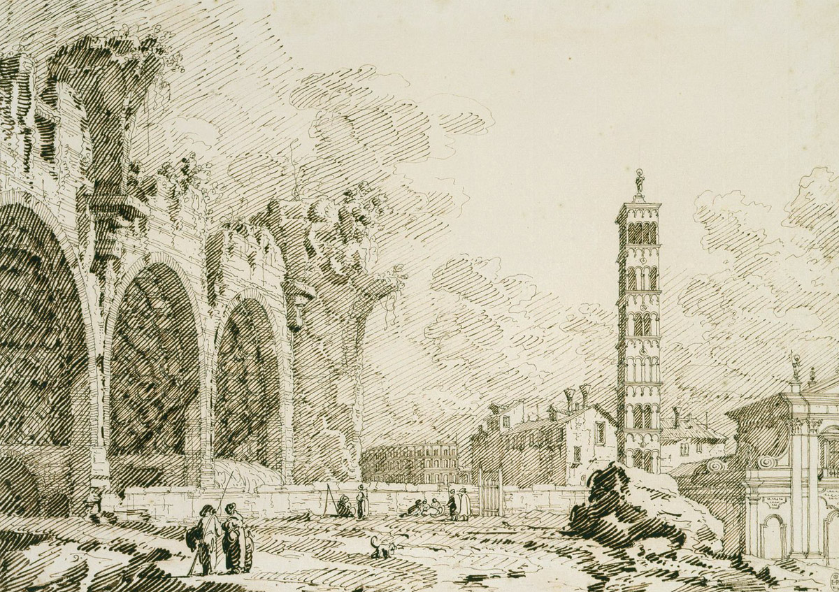 Canaletto,Forum avec basilique de Constantin et Santa Francesca Romana (?, avant 1768, date indéterminée)