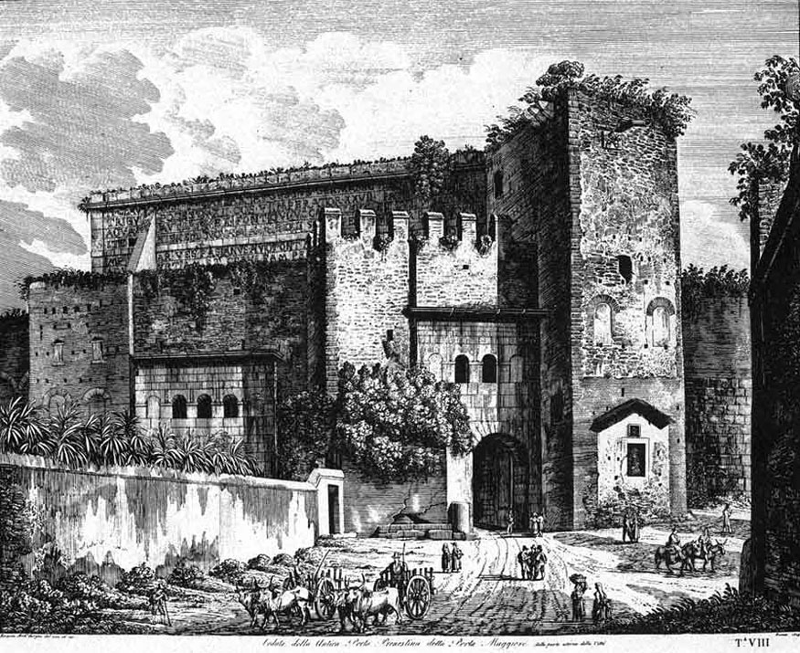 Luigi Rossini,Restes de la Porta Onoriana à la Porta Maggiore (1850)