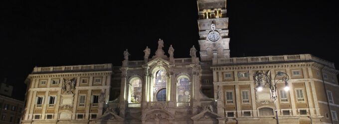 Basilica of Santa Maria Maggiore in Rome, exterior night view of the facade