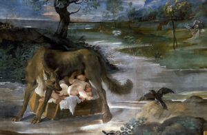 La louve recueillant Romulus et Rémus sur les bords du Tibre, des frères Carracci (XVIe siècle)