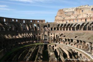 The interior bleachers of the Colosseum in Rome and the arena