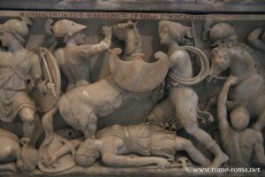 Détail du sarcophage avec scènes de batailles entre grecs et amazones, musées du Capitole